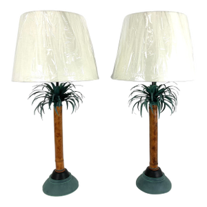Natural Bamboo and Verde Metal Palm Table Lamps With Shades