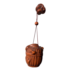 Antique Japanese Carved Boxwood Inro & Netsuke With Mice & Snakes in a Basket