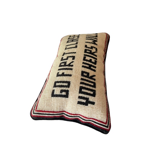 Traditional Vintage Needlepoint Lumbar Pillow “Go First Class Your Heirs Will” For Sale - Image 3 of 6