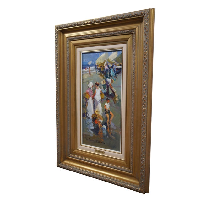 Late 20th century impressionist oil painting on board titled "Fishermen" by Ventura Diaz. Depicts a vertical segment of...