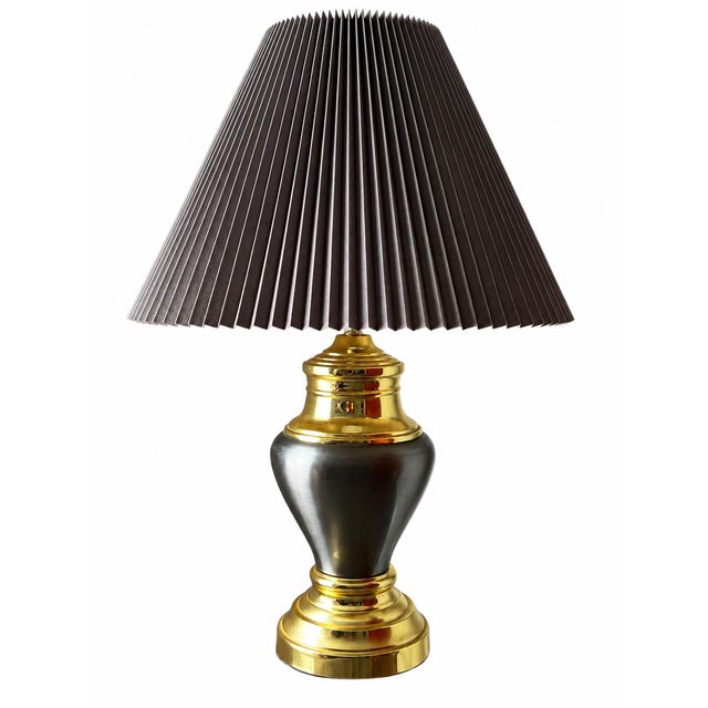 1980s Vintage Black and Gold-Tone Urn Table Lamp With Pleated Shade For Sale - Image 5 of 9