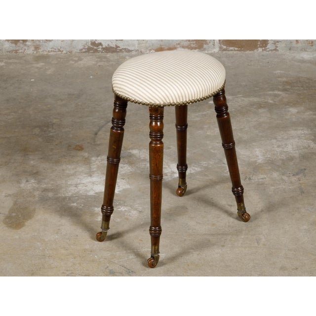 Victorian English Turned Oak 19th Century Stool on Casters with Oval Upholstered Seat For Sale - Image 3 of 12