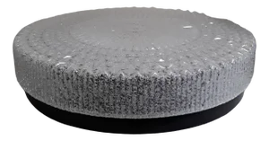 Vintage Flat Round Ceiling Lape with Plastic Screen in Ice Glass Optics of Black Metal Assembly, 1970s
