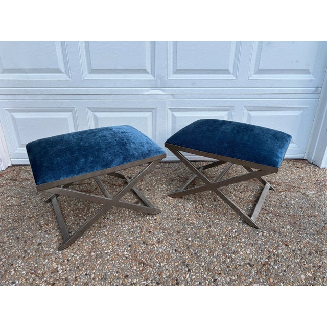 Ethan Allen Xanadu X Base Brushed Nickel Benches or Stools, a Pair For Sale - Image 6 of 10