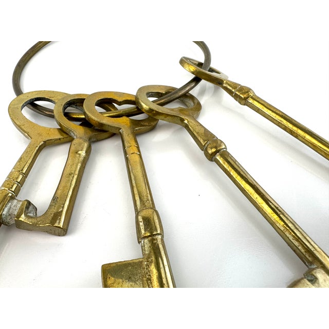 Brass Vintage Brass Skeleton Key Ring – Set of Five Decorative Keys For Sale - Image 8 of 9