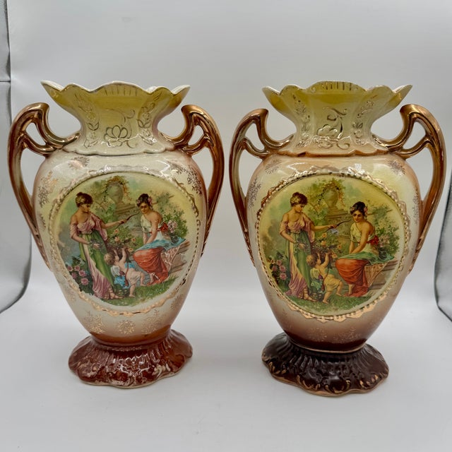 Pair of Victorian Ceramic Porcelain Urns/ Vases Figural Scene & Rose Back Transfers #848 For Sale - Image 18 of 18