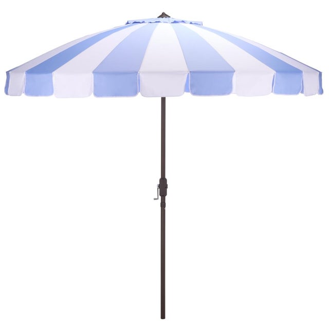 Buti 9 Ft Crank Umbrella, Baby Blue Cabana Stripe/Brown Pole For Sale - Image 9 of 9