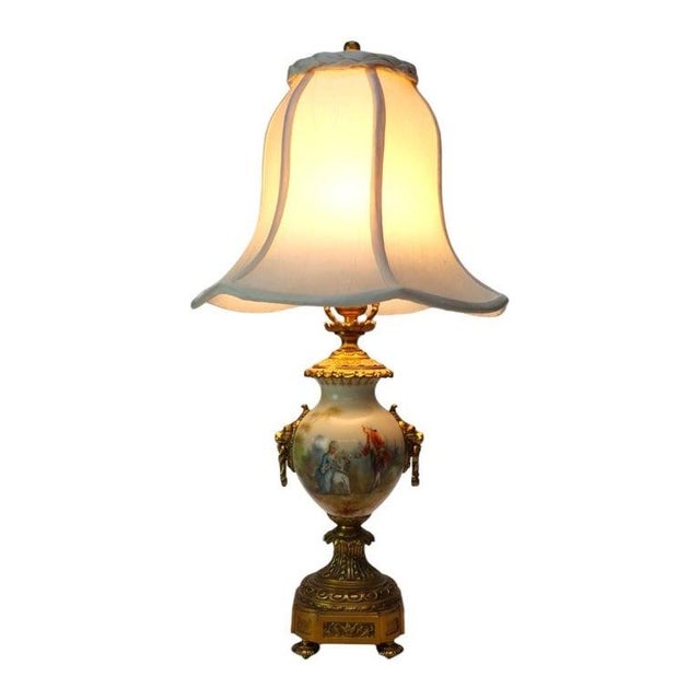French Sevres Scenic Painted & Artist Signed Porcelain Lamp, Lion Head Handles For Sale - Image 14 of 14
