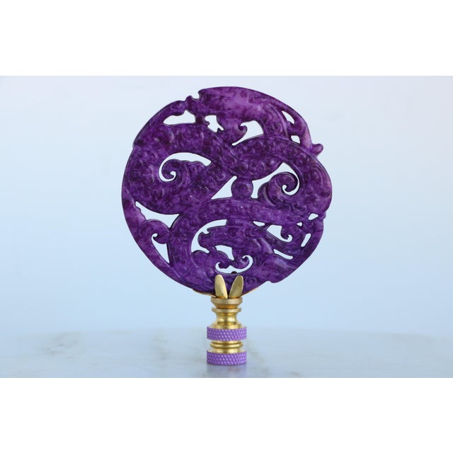 Metal Chinese Carved Stone Dragon Lamp Finials on Brass Hardware - A Matching Pair For Sale - Image 7 of 8