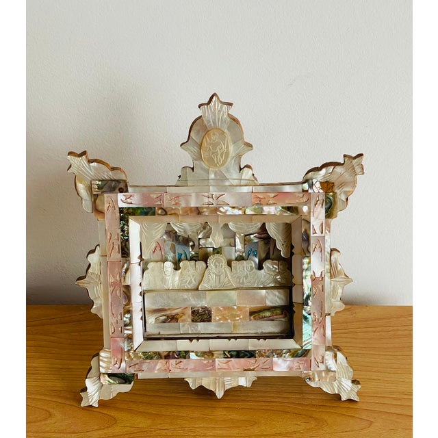 Meticulously carved antique mother of pearl diorama of Ladt Supper. Religious collectible.