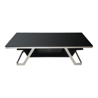 Vintage Rectangular Brushed Stainless Steel With Black Glass Top and Back Lucite Compartment Cocktail Table 80's. For Sale