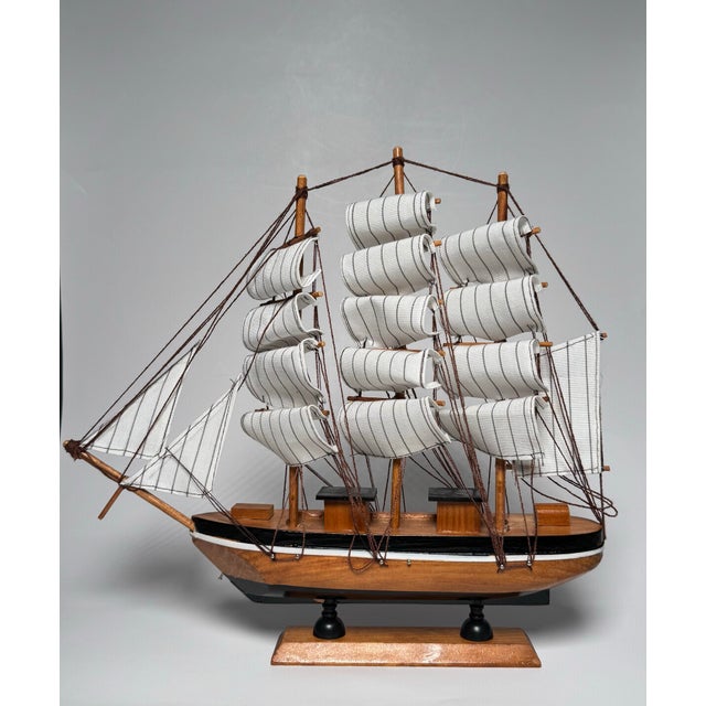 American Vintage Americana Nautical Wooden Decorative Clipper Tall Ship Model, Black, White & Brown For Sale - Image 3 of 12