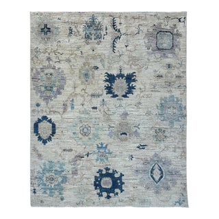 Handmade Oushak Style Blue and Ivory Floral Rug For Sale