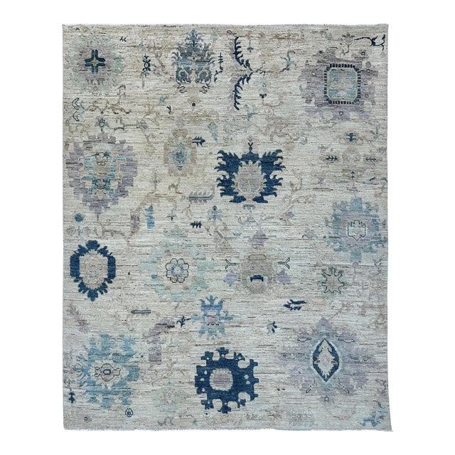 Handmade Oushak Style Blue and Ivory Floral Rug For Sale