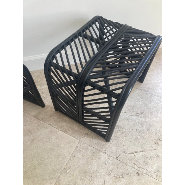 Mid Century Black Rattan Accent Tables in Chevron Pattern - A Pair For Sale - Image 11 of 11