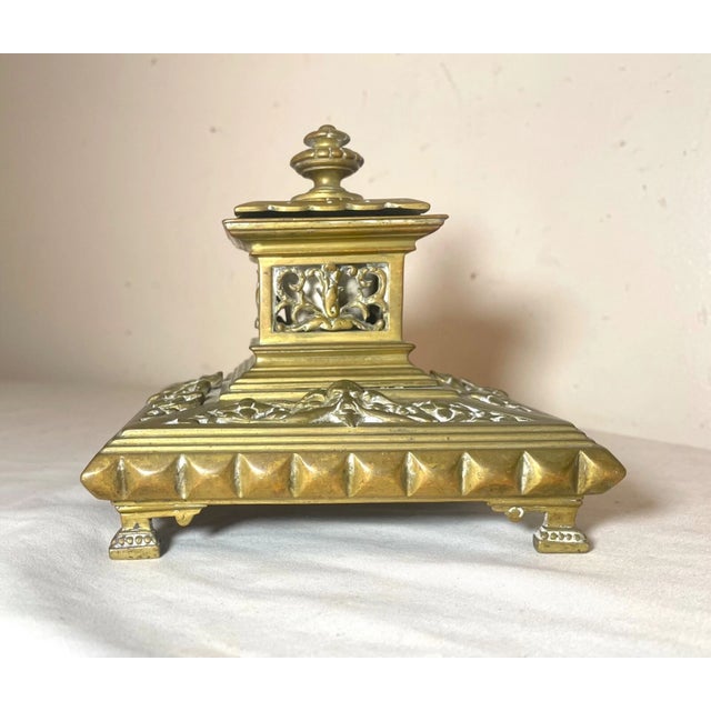 Antique Ornate 19th Century Victorian Gilt Bronze Brass Desk Inkwell Stand For Sale - Image 10 of 12
