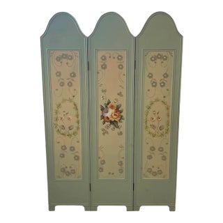 Vintage Hand Painted Three Panel French Wood Room Divider and or Space Partition Screen For Sale