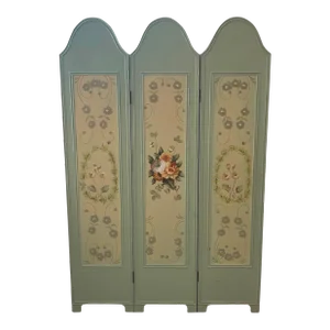 Vintage Hand Painted Three Panel French Wood Room Divider and or Space Partition Screen