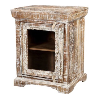 Farmhouse Style Carved Distressed White Nightstand With Glass For Sale