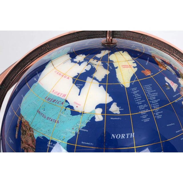 American Gem Floor Globe on Copper Stand Semi Precious Lapis Stone For Sale - Image 3 of 17