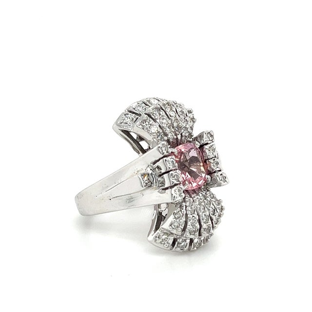Late 20th Century Gia Certified Pink Sapphire and Diamond Vintage 18k Gold Vertical Ring Size 8.5 For Sale - Image 4 of 7