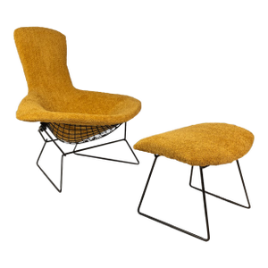 Mid-Century Modern Early Authentic Bird Lounge Chair W/ Matching Ottoman in Bouclé Attributed to Harry Bertoia for Knoll, Usa, C. 1960's
