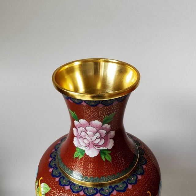 Vintage Cloisonné Enamel Dragon Vase – Red Ground, Gilt Accents, With Stand & Box For Sale - Image 9 of 9