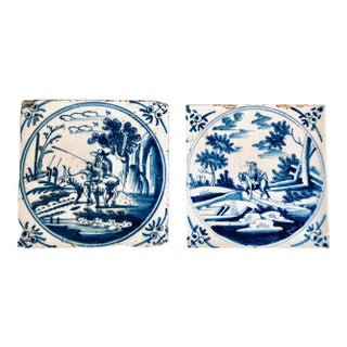 18th Century Delft Blue and White Ceramic Tiles with Country Scenes - a Pair For Sale