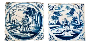 18th Century Delft Blue and White Ceramic Tiles with Country Scenes - a Pair
