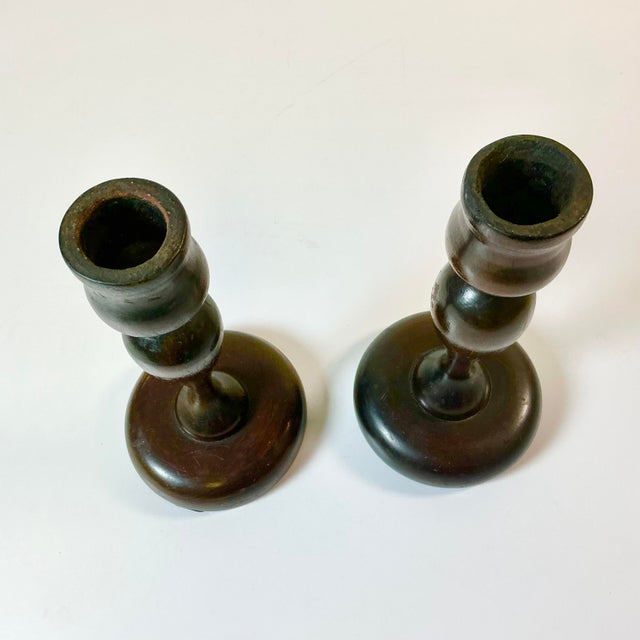 Early 20th C. Antique Federal Farmhouse Americana Hand Turned Walnut Candle Holders - A Pair For Sale - Image 6 of 11