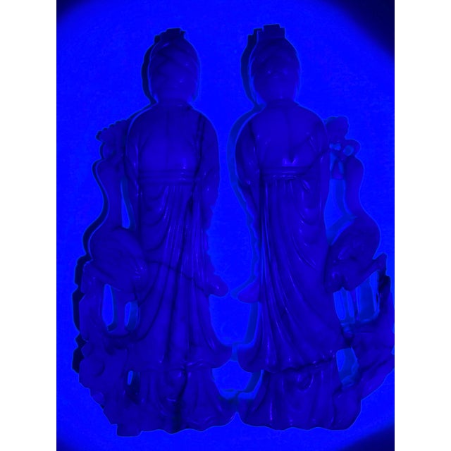Pair 10" Antique Chinese Qing Natural Jadeite Jade Kuan Yin With Cranes & Stands For Sale - Image 9 of 12