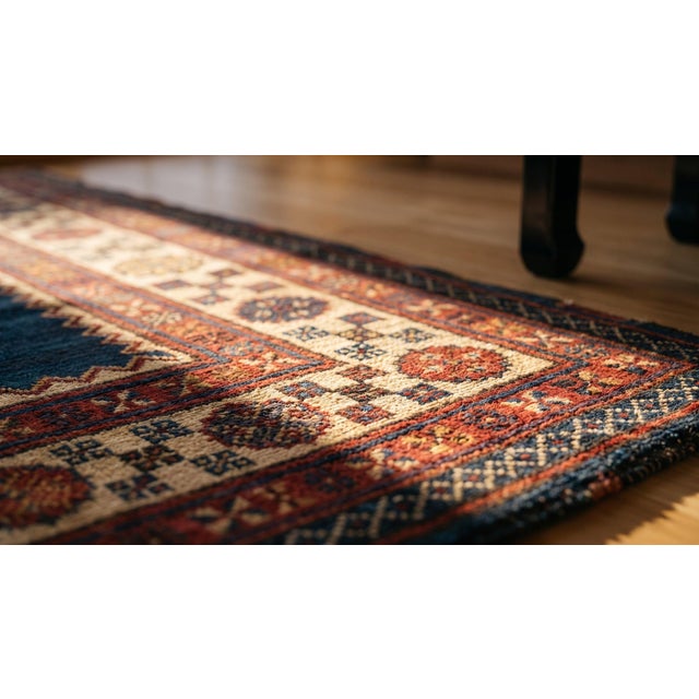 Textile 1880s Blue Geometric Tribal Antique Caucasian Talish Rug 3'4" X 7'2" Handknotted Wool Carpet For Sale - Image 7 of 8