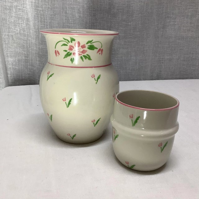 1980s Bedside Carafe and Cup Set With Pink Flowers - 2 Pieces For Sale - Image 4 of 7