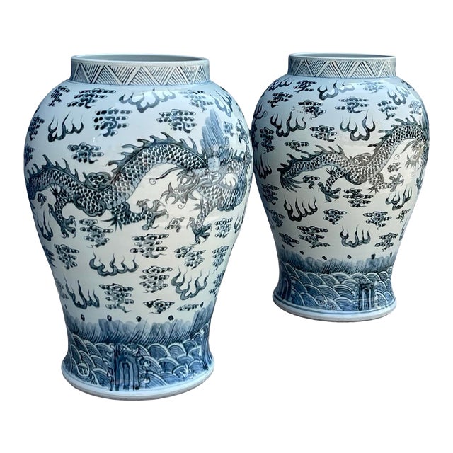 20th Century Blue and White Ceramic Chinese Chinoiserie Vases- Set of 2 For Sale