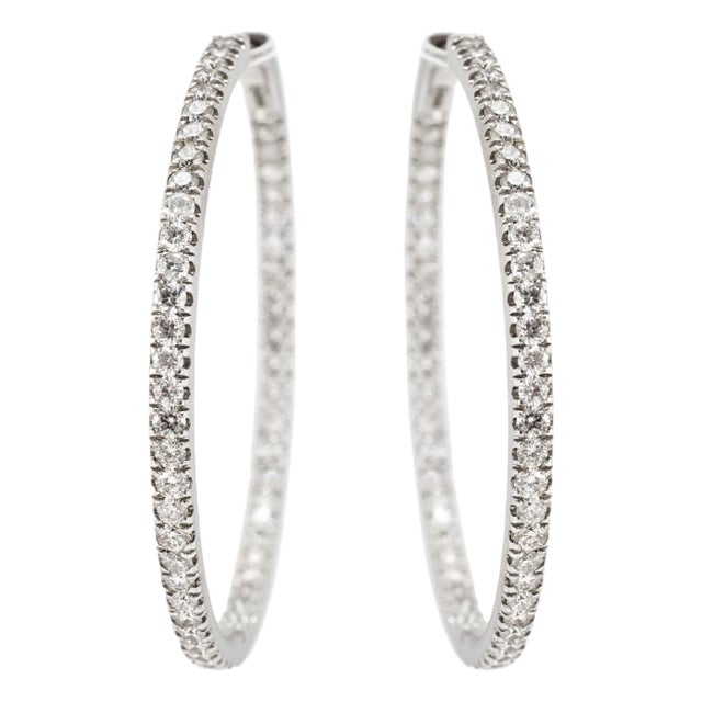 Ladies 14k White Gold Inside Out 3.23ct Pave Diamond Hoop Earrings, A Pair For Sale