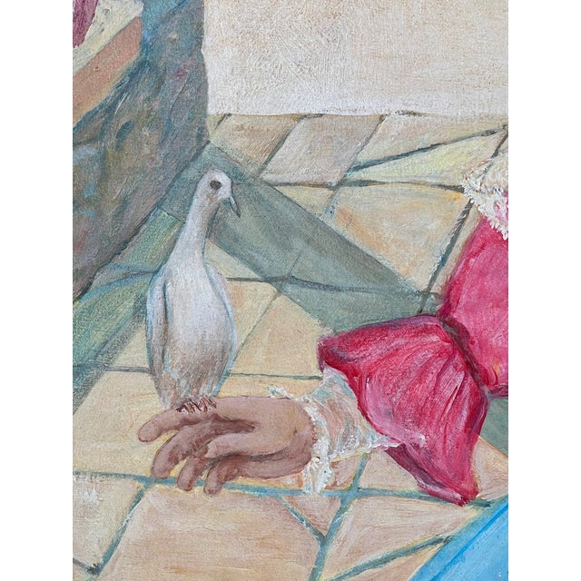 1980s Gene Zolbert Surrealist Painting Girl With Doves For Sale - Image 11 of 12