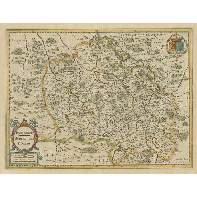 Antique map titled 'Bourbonois - Borbonium Ducatus'. Old map of the former region of Bourbonnais, France. It includes the...