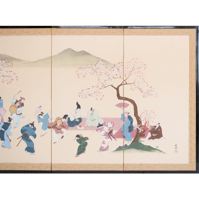 Japanese 1985 Tanaka Ohen, C. O. A., Shōwa Era Japanese Byobu Screen "Cherry Viewing" For Sale - Image 3 of 18
