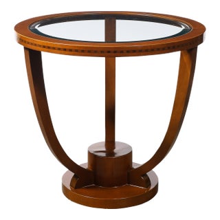 Art Deco Inset Glass Top Gueridon Table in Hand-Rubbed Walnut W/ Inlayed Details For Sale