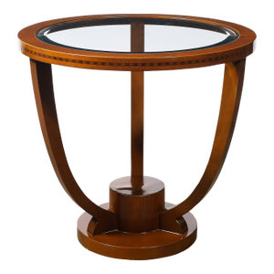 Mid 20th Century Art Deco Inset Glass Top Gueridon Table in Hand-Rubbed Walnut W/ Inlayed Details