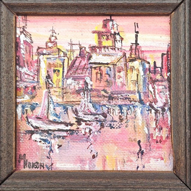 Mid-Century Harbor Sunset Miniature Oil Painting by Margery Hudson For Sale - Image 4 of 9