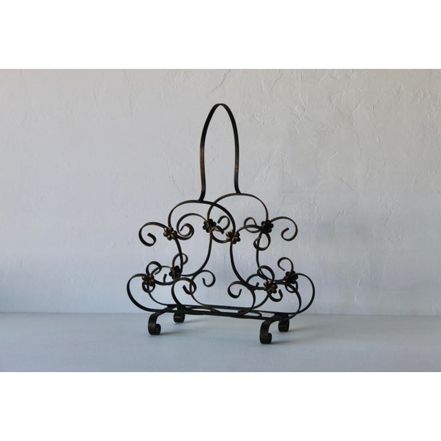 Green Vintage Italian Scroll Work Rosettes Metal Green Gold Magazine Rack For Sale - Image 8 of 15