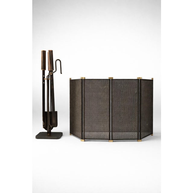 Fireplace tool set designed by Afra & Tobia Scarpa for Dimensione Fuoco, Italy, 1970s. Made of patinated wrought iron with...