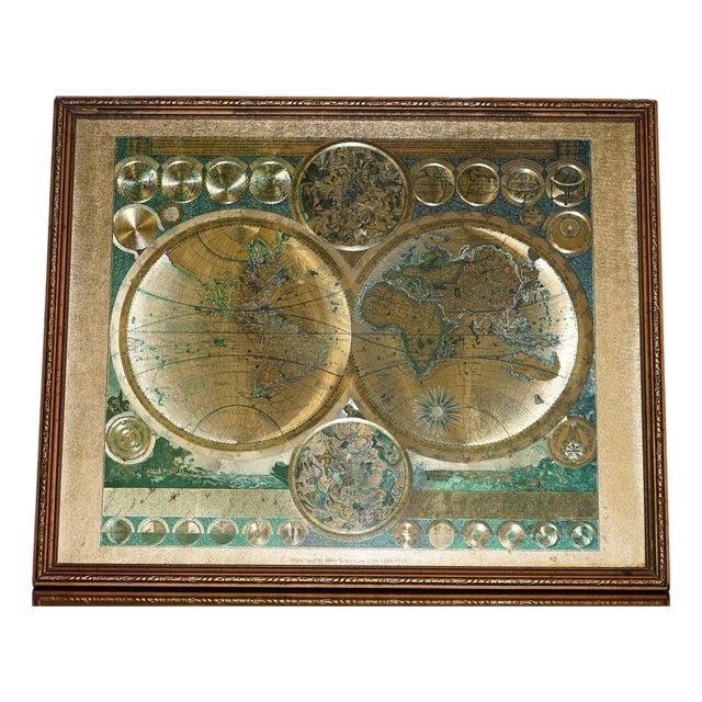 Vintage Framed Print of Planisphaerium Terrestre with Gold by Peter Schenk For Sale