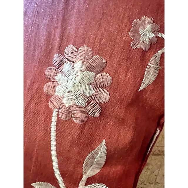 Rustic Vintage Pair Rust Silk With Floral Embroidered Flowers Pillows -2 For Sale - Image 3 of 5