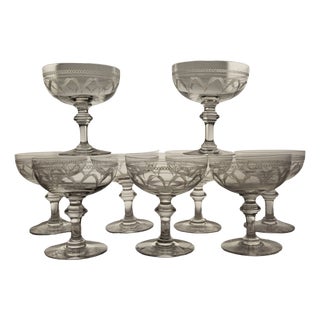 20th Century Engraved Crystal Champagne Coupes, 1920, Set of 9 For Sale