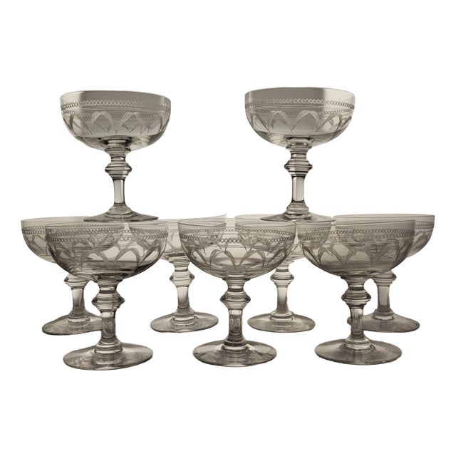 20th Century Engraved Crystal Champagne Coupes, 1920, Set of 9 For Sale