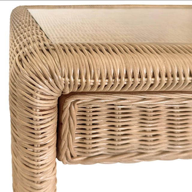 Not Yet Made - Made To Order Matthew Izzo Home Adrien Woven Rattan Two Drawer Waterfall Edge Desk With Glass Top and Brass Drawer Pulls For Sale - Image 5 of 9