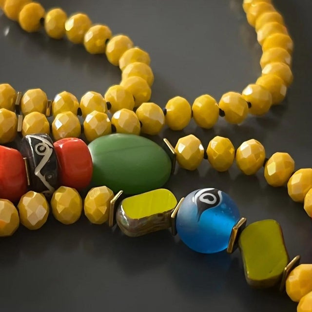 Colorful Nepal Mantra Pendant Yellow Beaded Long Necklace For Sale In Miami - Image 6 of 17