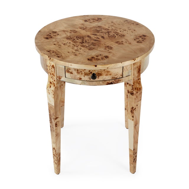 Wood Archer 20 in. W Round Burl Wood 1 Drawer Side Table, Light Brown Burl For Sale - Image 7 of 11